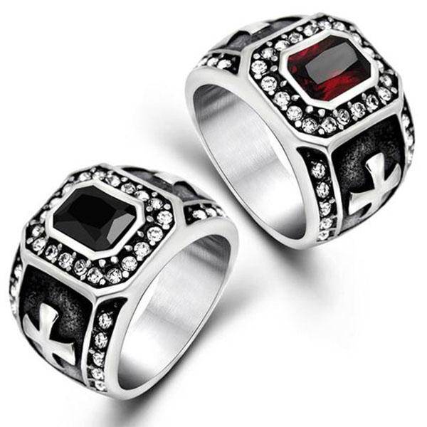 Knights Templar Ring - Zirconia Cross (Black/Red) - Bricks Masons