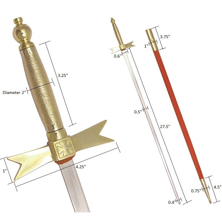 Knights Templar Sword - with Gold Hilt and Red Scabbard - Bricks Masons