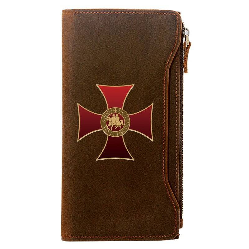 Knights Templar Wallet - Genuine Brown Leather Red Cross - Bricks Masons