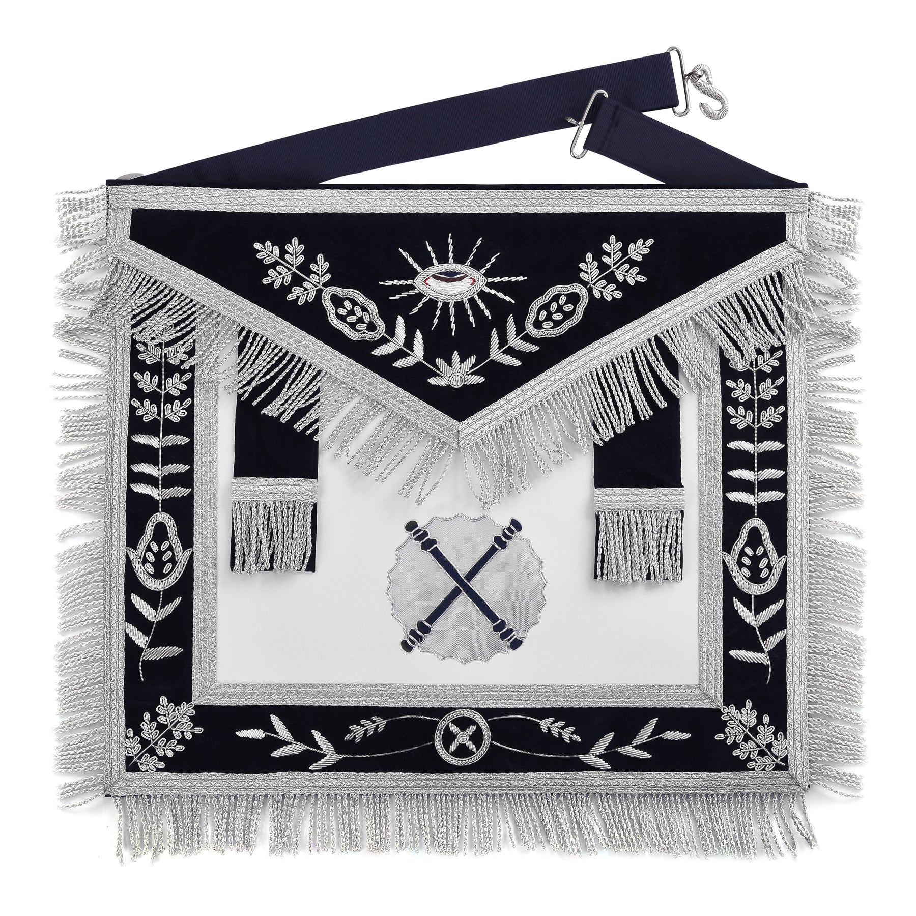 Marshal Blue Lodge Officer Apron - Dark Blue With Silver Hand Embroidery Bullion - Bricks Masons