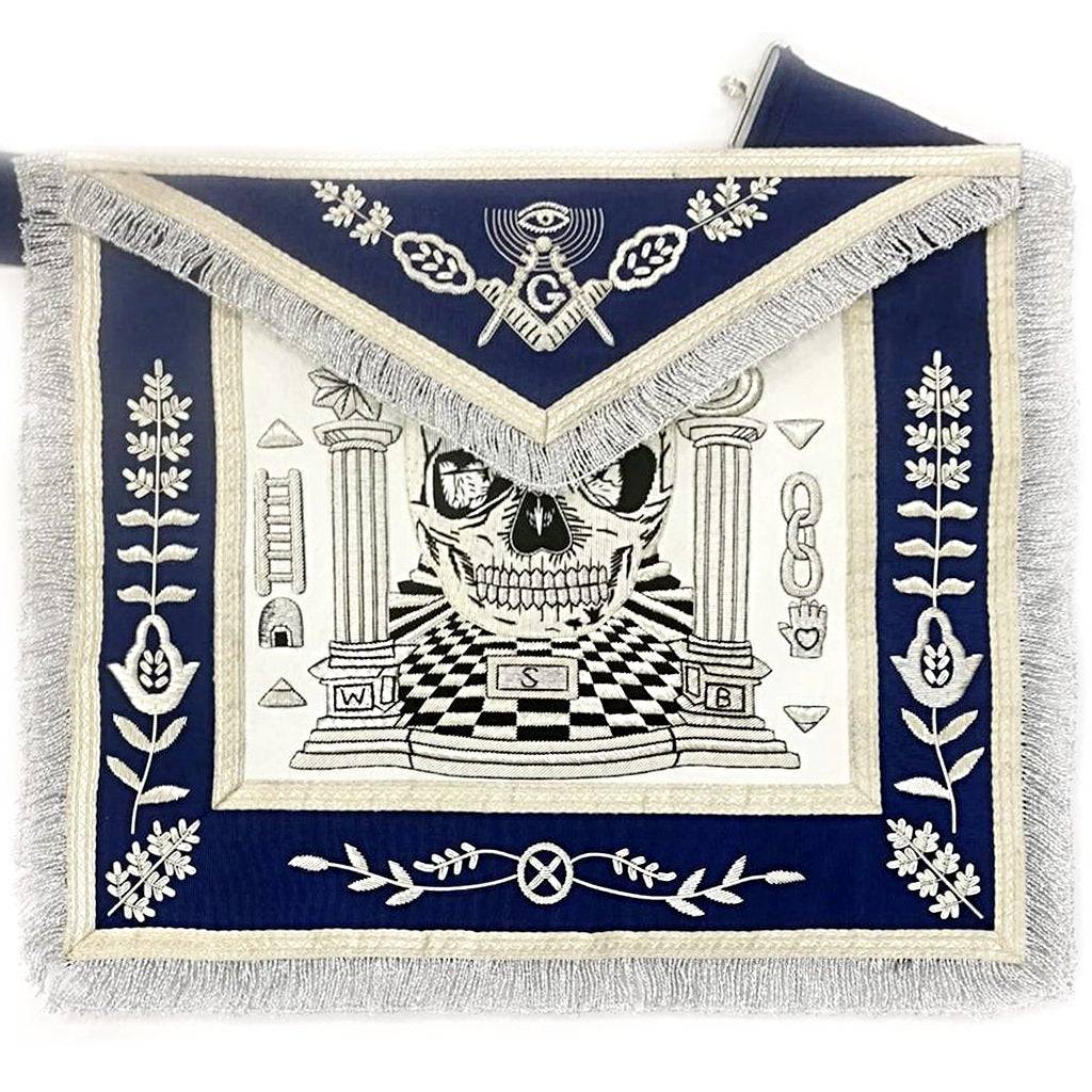 Master Mason Blue Lodge Apron - Skull Pillars Masters Carpet Silver Embroidery - Bricks Masons
