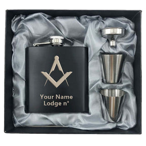 Master Mason Blue Lodge Flask - 2 Shot Glasses & Funnel - Bricks Masons