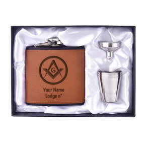 Master Mason Blue Lodge Flask - 6oz Full Set Shot Glass & Funnel - Bricks Masons