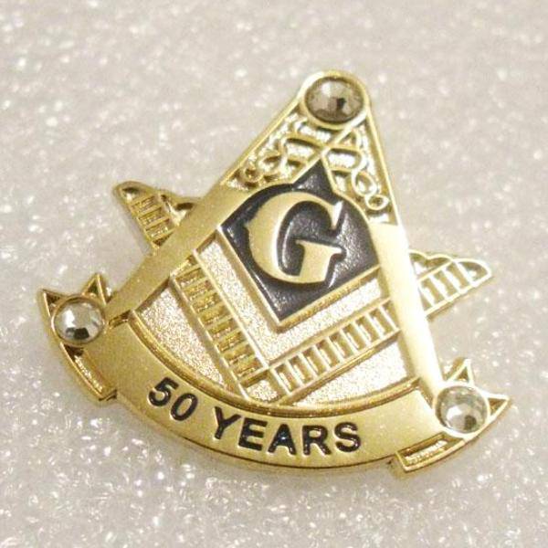 Master Mason Blue Lodge Lapel Pin - 50 Years Rhinestones - Bricks Masons