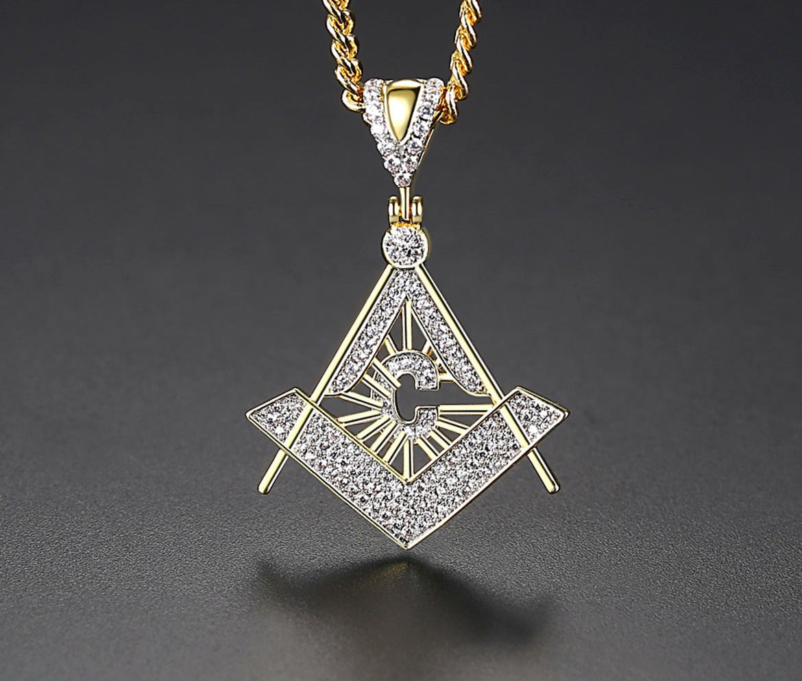 Master Mason Blue Lodge Necklace - Gold & White Copper Zircon With Rhinestones - Bricks Masons