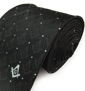 Master Mason Blue Lodge Necktie - Black with Polkadot Square & Compass G - Bricks Masons