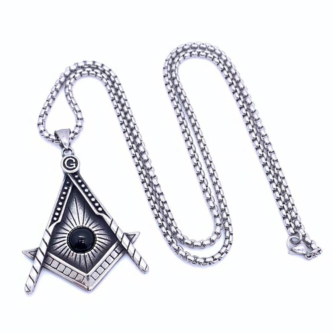 Master Mason Blue Lodge Pendant - Silver Titanium Steel Black Stone - Bricks Masons