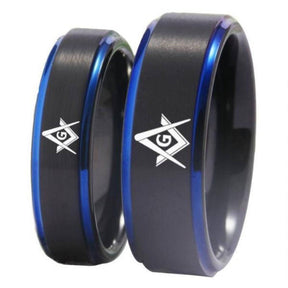 Master Mason Blue Lodge Ring - Black Blue Tungsten Personalizable - Bricks Masons