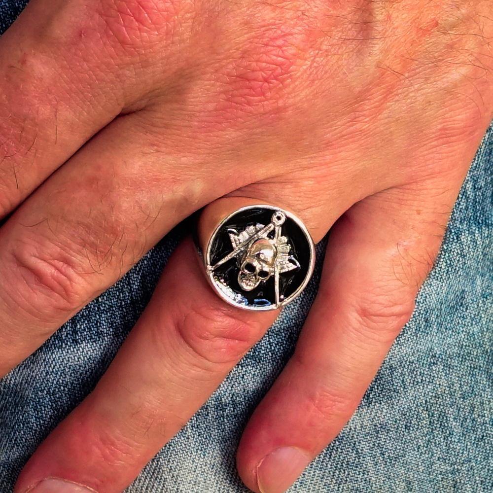 Master Mason Blue Lodge Ring - Black Sterling Silver With Skull Square and Compass - Bricks Masons
