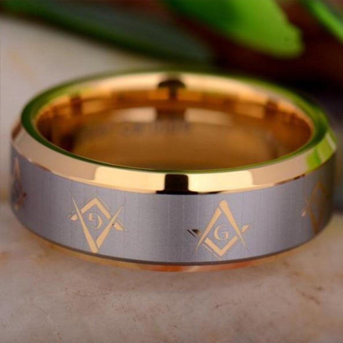 Master Mason Blue Lodge Ring - Gold Beveled Tungsten Personalizable - Bricks Masons