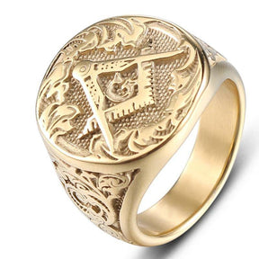Master Mason Blue Lodge Ring - Square Compass G Motif Gold Color - Bricks Masons