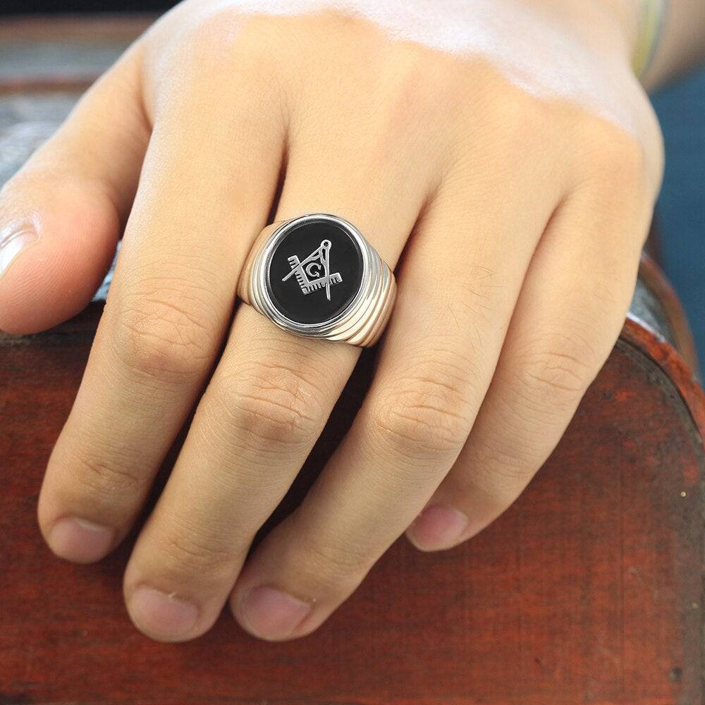 Master Mason Blue Lodge Ring - Square & Compass G Oval Head Sterling Silver - Bricks Masons