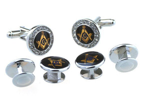 Master Mason Blue Lodge Tuxedo Stud - Silver Round Zirconia 6 Pieces Set - Bricks Masons