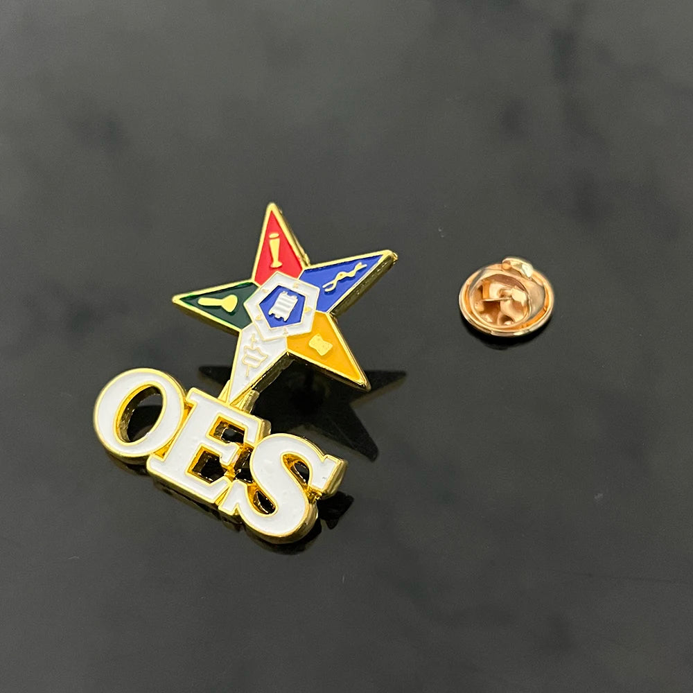 OES Brooch - Zinc Alloy Colorful Star & White OES Letters - Bricks Masons