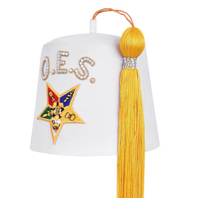 OES Fez Hat - Pure White With Yellow Tassel - Bricks Masons