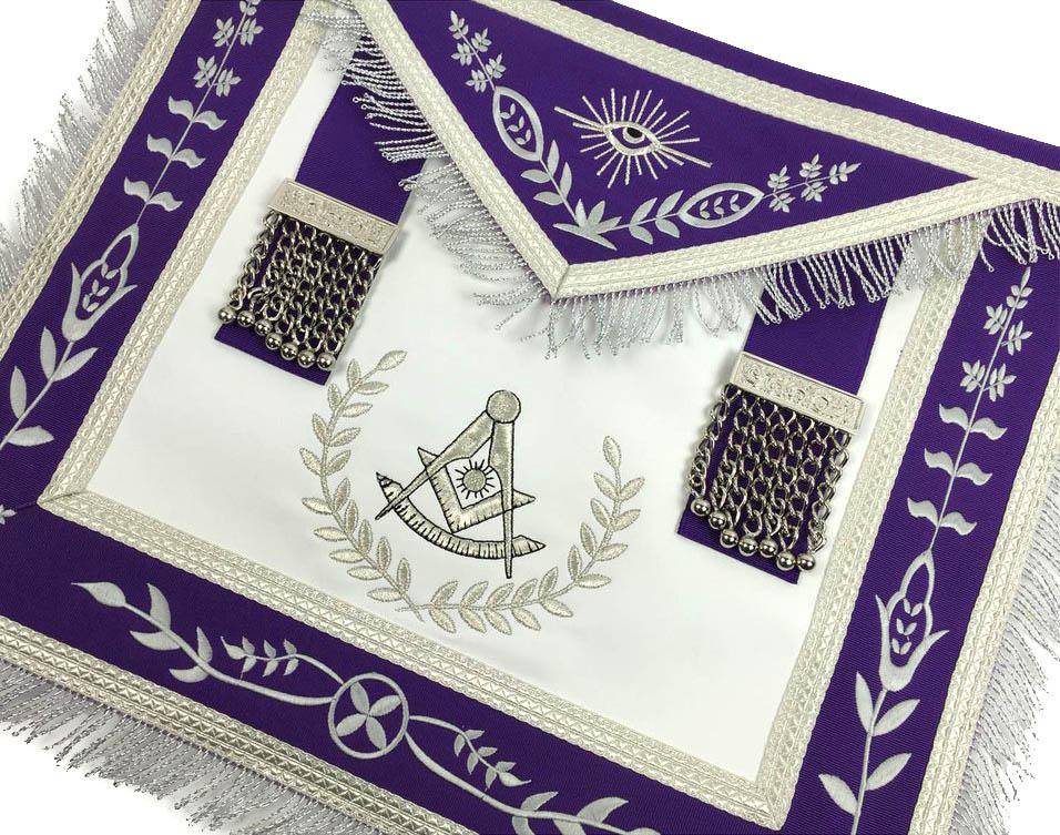 Past Master Blue Lodge Apron - White & Purple with Silver Embroidery - Bricks Masons
