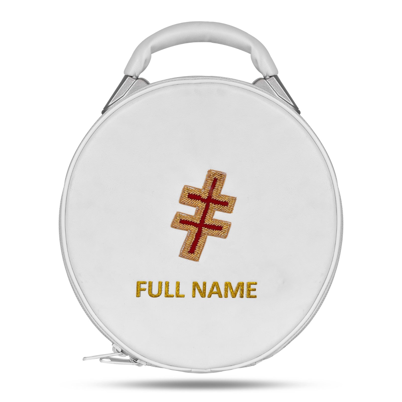 Preceptor Knights Templar English Regulation Crown Cap Case - White Imitation Leather With Hand Embroidery Bullion - Bricks Masons