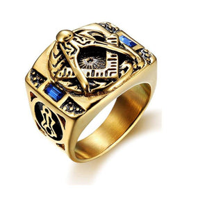 Master Mason Blue Lodge Ring - Compass And Square Golden and Blue Pearls