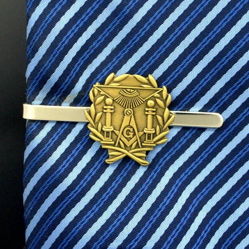 Master Mason Blue Lodge Tie Bar - Retro Brass Pillars Gold