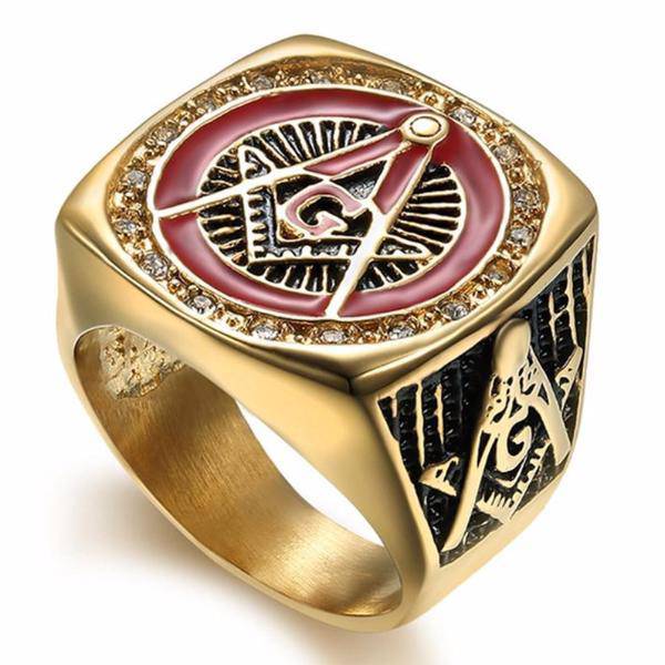 Master Mason Blue Lodge Ring - Golden Red Compass and Square G