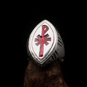 Red Cross Of Constantine Ring - Silver & Red Chi Rho Christogram Sterling Silver - Bricks Masons