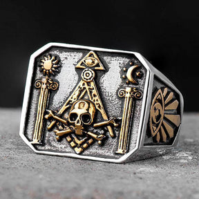 Widows Sons Ring - Gothic Skull and Bones Moon Sun - Bricks Masons