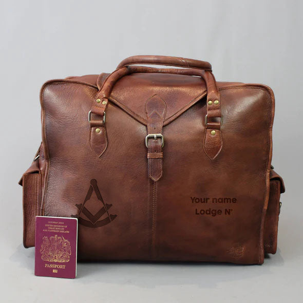Past Master Blue Lodge Travel Bag - Genuine Brown Leather - Bricks Masons