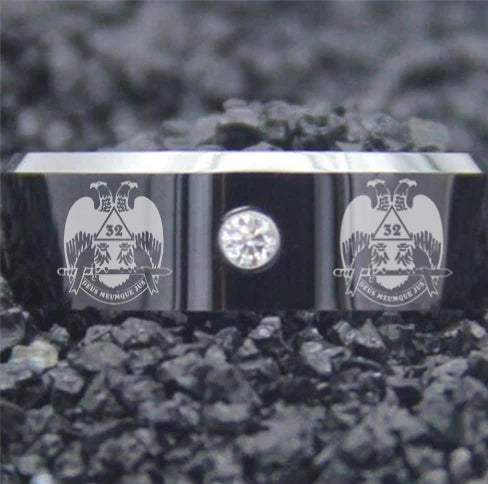 32nd Degree Scottish Rite Ring - Wings Down Black Silver Bevel With CZ Stone - Bricks Masons