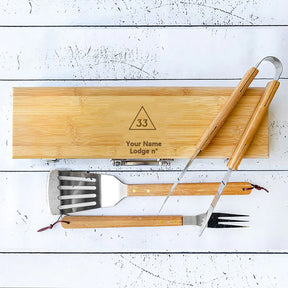 33rd Degree Scottish Rite Grill Tool - BBQ Set & Bamboo Case - Bricks Masons