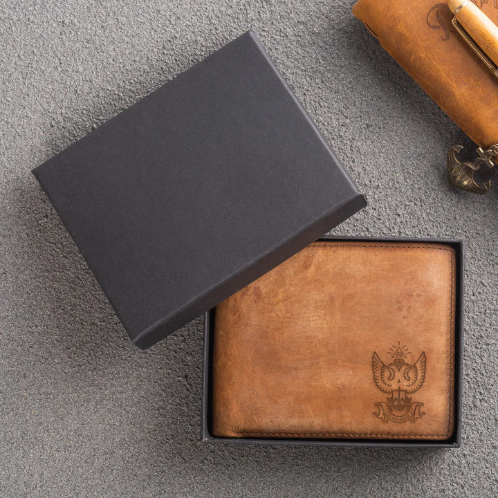 Handmade Leather 33rd Degree Scottish Rite Wallet - Wings Up Light & Dark Brown - Bricks Masons