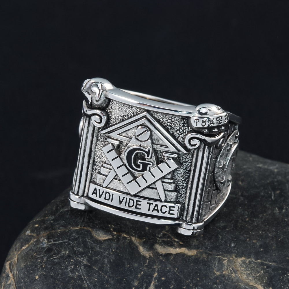 Master Mason Blue Lodge Ring - Sterling Silver Aude Vide Tace - Bricks Masons