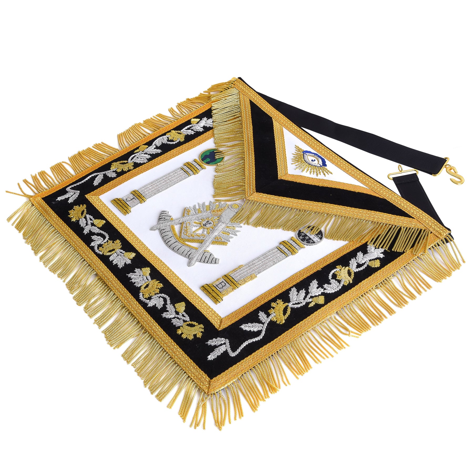 Past Master Blue Lodge California Regulation Apron - Black & Gold Hand Embroidery Bullion With Pillars - Bricks Masons