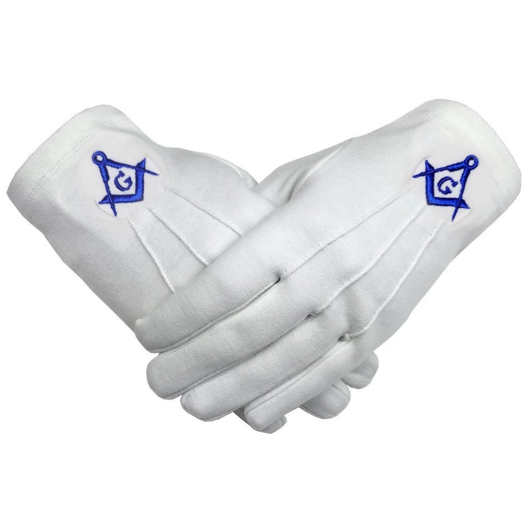 Masonic Cotton Gloves Blue Square and Compass G Machine Embroidery - Bricks Masons