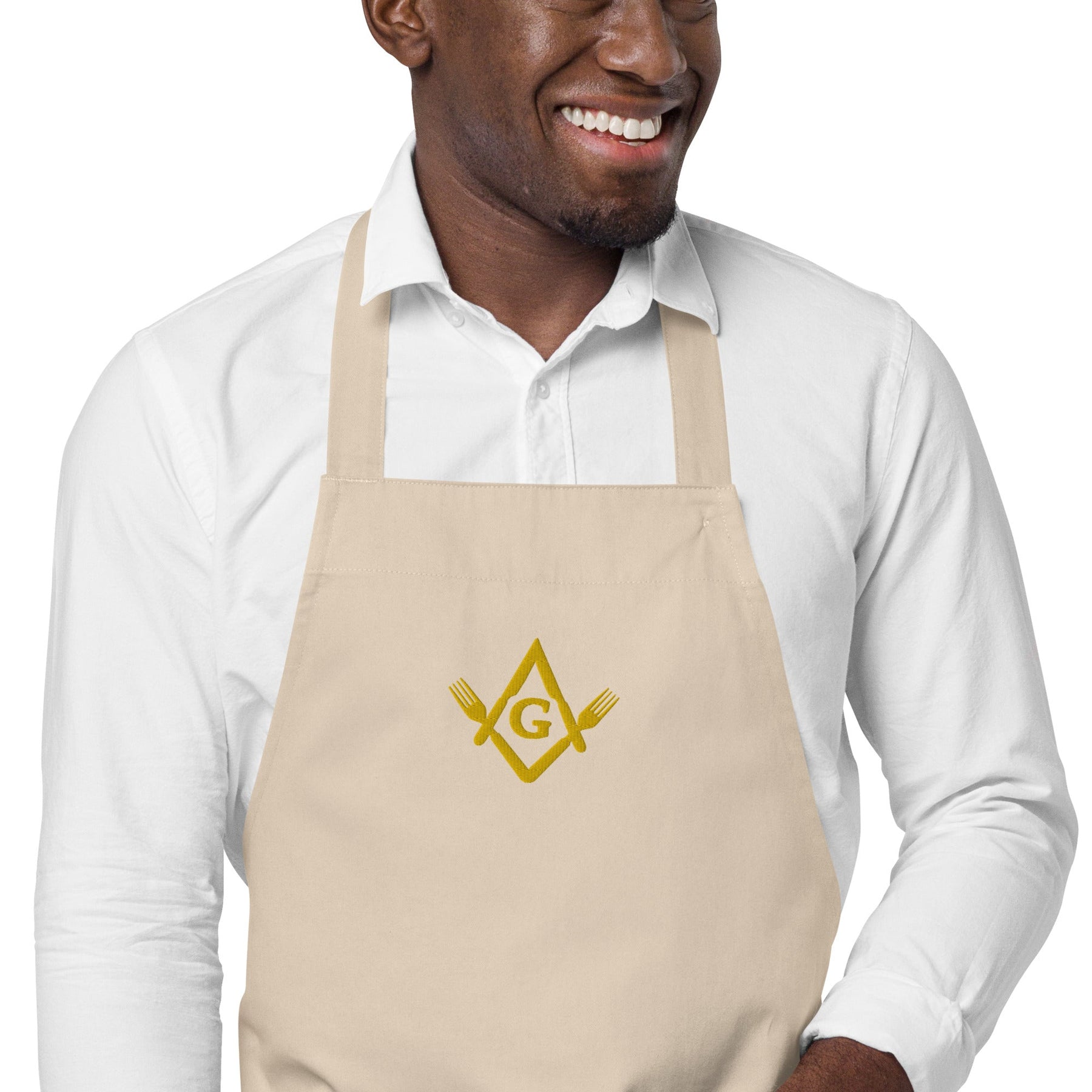 Master Mason Bllue Lodge Kitchen Apron - Fork Square and Compass G Embroidery - Bricks Masons
