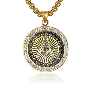Master Mason Blue Lodge Pendant - Square and Compass Round Gold zircon - Bricks Masons