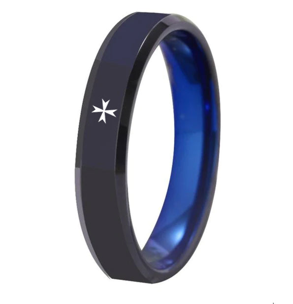 Order of Malta Commandery Ring - Black With Blue Tungsten - Bricks Masons