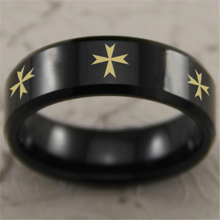 Order of Malta Commandery Ring - Reverse Comfort Fit Tungsten - Bricks Masons