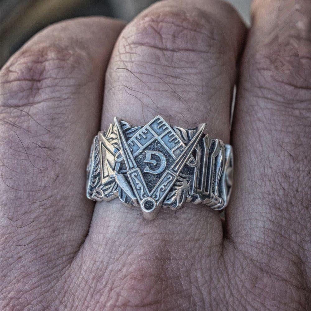 3D Square Compass G Stainless Steel Masonic Ring - Bricks Masons