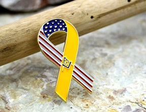 Master Mason Blue Lodge Lapel Pin - Yellow ribbon USA flag - Bricks Masons