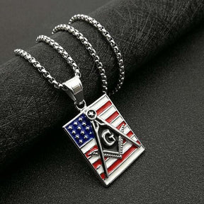 Master Mason Blue Lodge Necklace - American Flag Square & Compass G - Bricks Masons