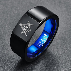 Tungsten Carbide Masonic Ring Black Blue - Bricks Masons